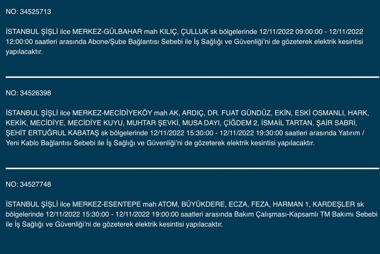 İstanbul’un 25 ilçesinde elektrik kesintisi (12 KASIM CUMARTESİ 2022) 24