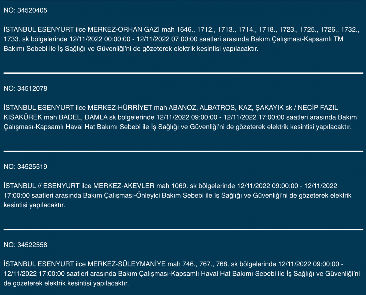 İstanbul’un 25 ilçesinde elektrik kesintisi (12 KASIM CUMARTESİ 2022) 13
