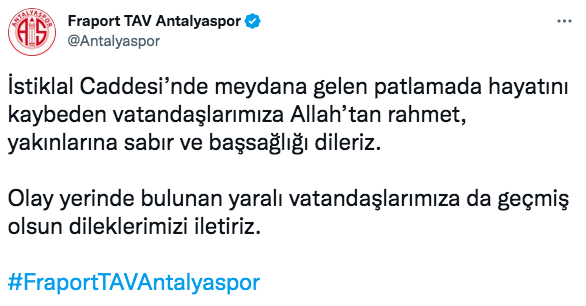 Spor kulüplerinden Taksim'deki patlamaya ilişkin kınama mesajları 9