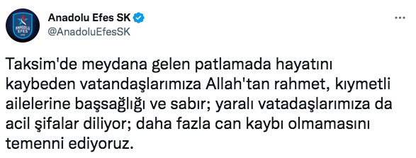 Spor kulüplerinden Taksim'deki patlamaya ilişkin kınama mesajları 7