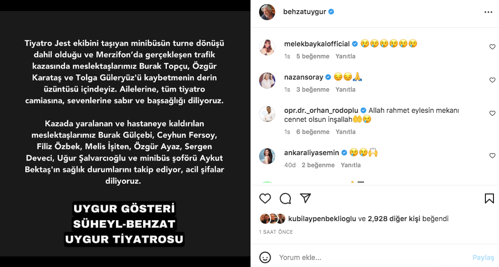 Tolga Güleryüz, Burak Topçu ve Özgür Karataş'ın hayatını kaybettiği Amasya'daki korkunç kazanın ardından ünlü isimlerden taziye mesajları 20