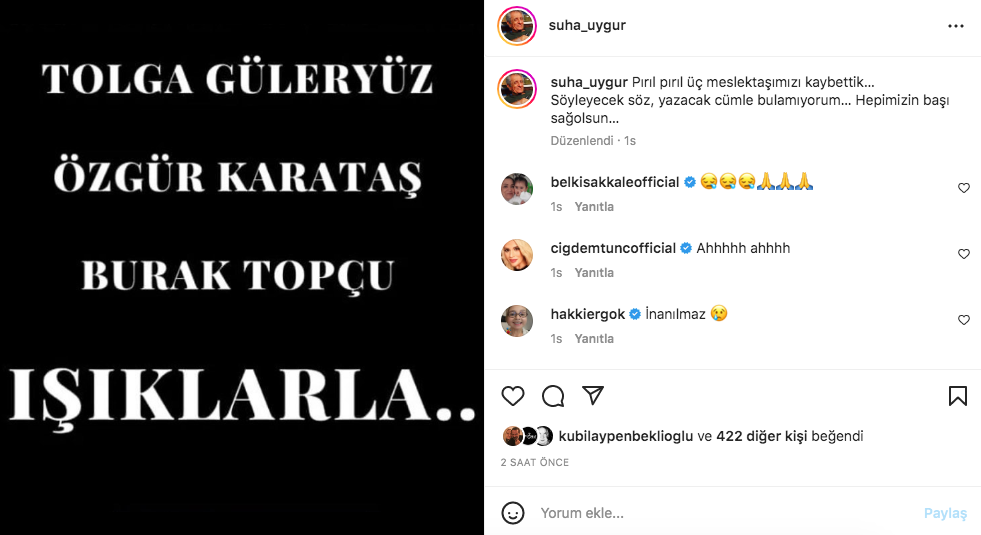 Tolga Güleryüz, Burak Topçu ve Özgür Karataş'ın hayatını kaybettiği Amasya'daki korkunç kazanın ardından ünlü isimlerden taziye mesajları 22