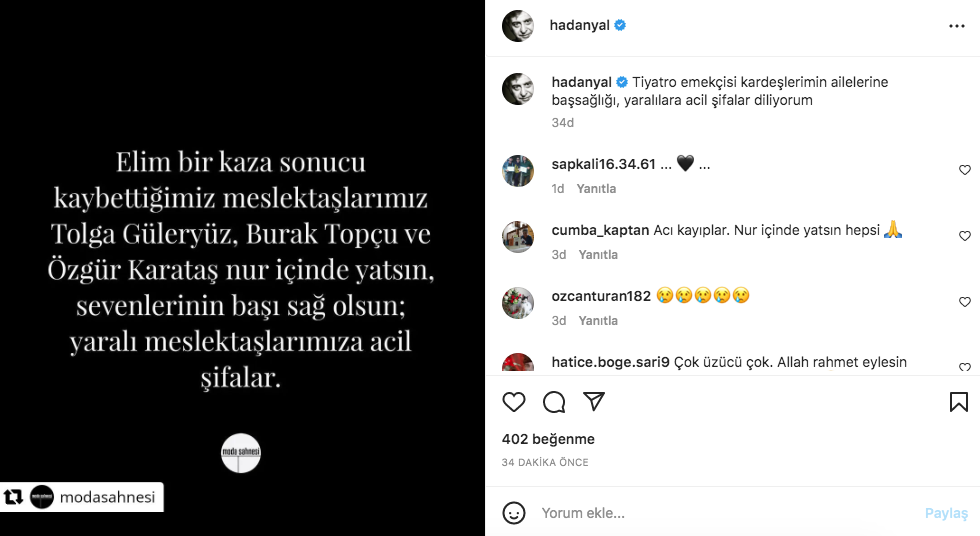 Tolga Güleryüz, Burak Topçu ve Özgür Karataş'ın hayatını kaybettiği Amasya'daki korkunç kazanın ardından ünlü isimlerden taziye mesajları 15