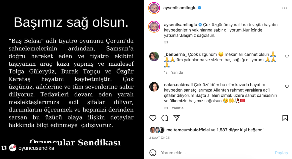 Tolga Güleryüz, Burak Topçu ve Özgür Karataş'ın hayatını kaybettiği Amasya'daki korkunç kazanın ardından ünlü isimlerden taziye mesajları 9