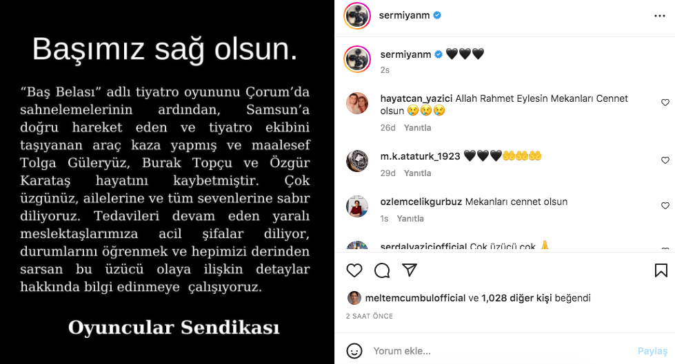 Tolga Güleryüz, Burak Topçu ve Özgür Karataş'ın hayatını kaybettiği Amasya'daki korkunç kazanın ardından ünlü isimlerden taziye mesajları 8