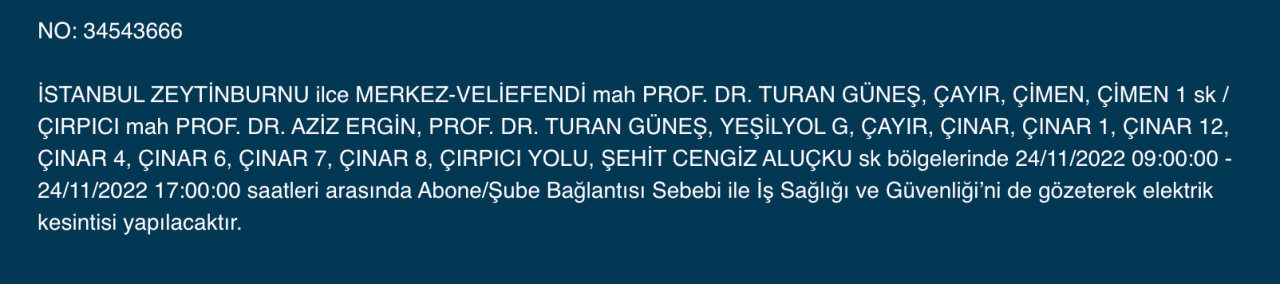 İstanbul’un 33 ilçesine kesinti uyarısı (24 KASIM PERŞEMBE) 33