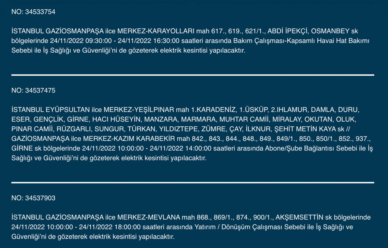 İstanbul’un 33 ilçesine kesinti uyarısı (24 KASIM PERŞEMBE) 22