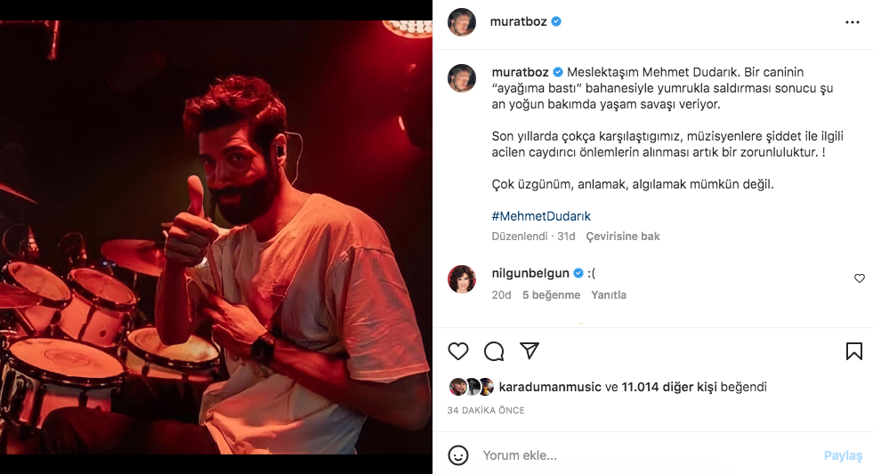 Ünlü isimler, Piiz'in davulcusu Mehmet Dudarık'ın uğradığı saldırıya sessiz kalmadı 2
