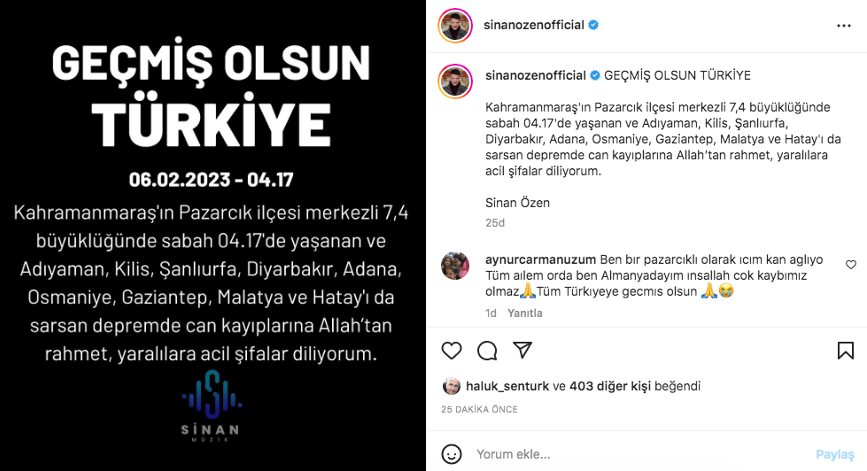 Kahramanmaraş depreminin ardından ünlülerden 'geçmiş olsun' mesajları 12