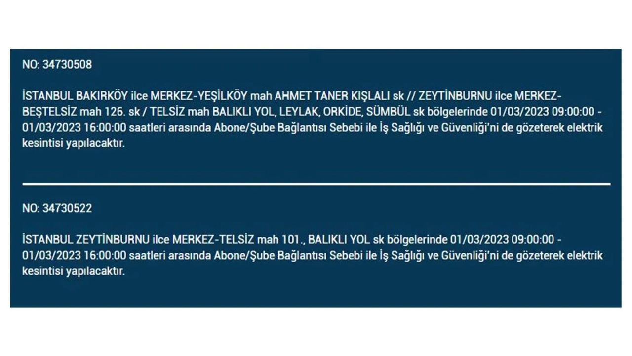 İstanbul'da elektrik kesintisi! Elektriğin kesileceği ilçeler belli oldu! 1 Mart elektrik kesintisi 12