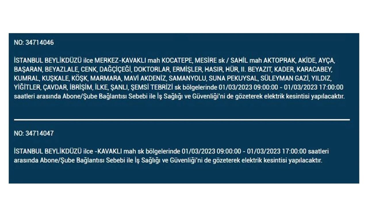 İstanbul'da elektrik kesintisi! Elektriğin kesileceği ilçeler belli oldu! 1 Mart elektrik kesintisi 16