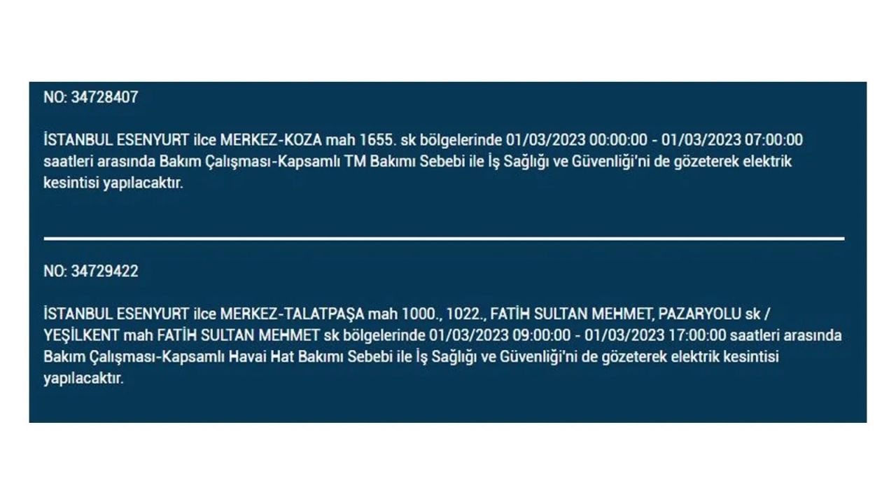 İstanbul'da elektrik kesintisi! Elektriğin kesileceği ilçeler belli oldu! 1 Mart elektrik kesintisi 19