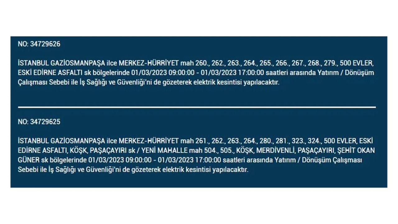 İstanbul'da elektrik kesintisi! Elektriğin kesileceği ilçeler belli oldu! 1 Mart elektrik kesintisi 21
