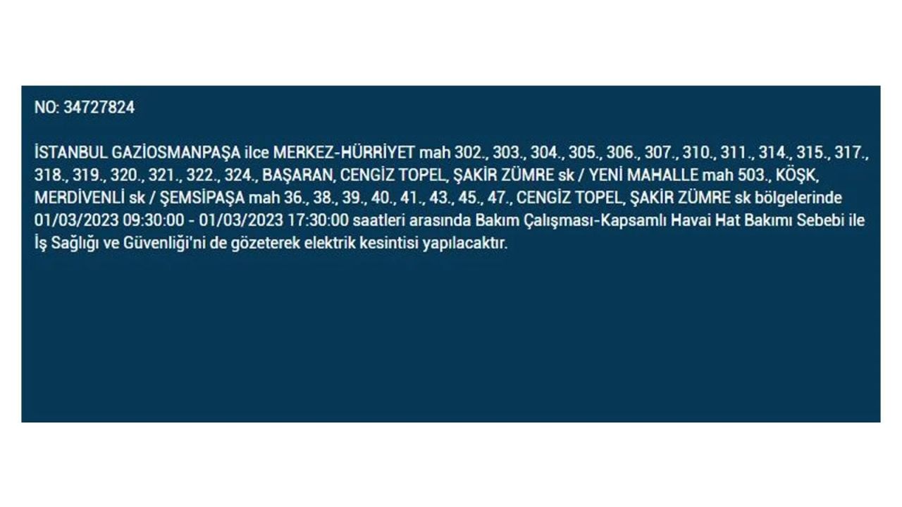 İstanbul'da elektrik kesintisi! Elektriğin kesileceği ilçeler belli oldu! 1 Mart elektrik kesintisi 22