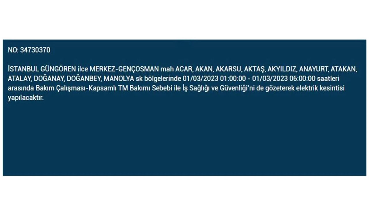 İstanbul'da elektrik kesintisi! Elektriğin kesileceği ilçeler belli oldu! 1 Mart elektrik kesintisi 23