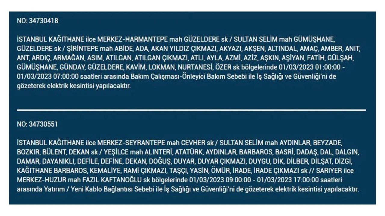 İstanbul'da elektrik kesintisi! Elektriğin kesileceği ilçeler belli oldu! 1 Mart elektrik kesintisi 24