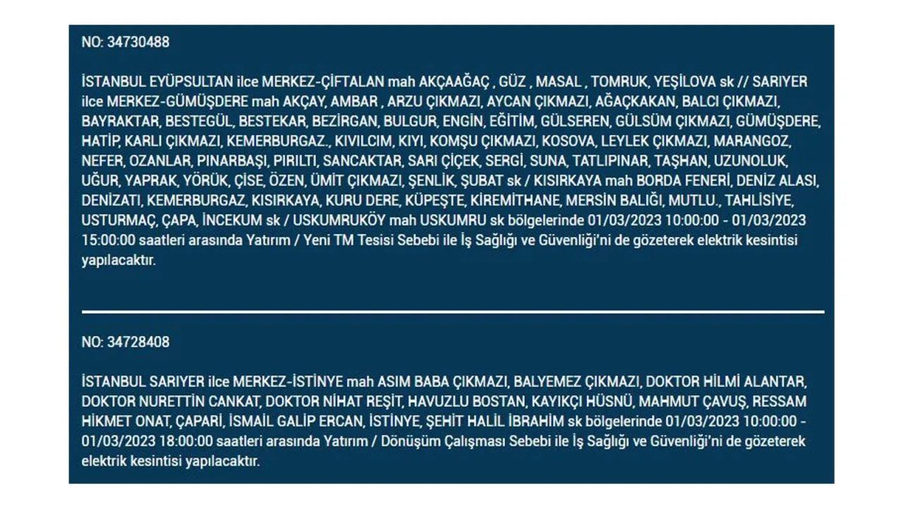 İstanbul'da elektrik kesintisi! Elektriğin kesileceği ilçeler belli oldu! 1 Mart elektrik kesintisi 29