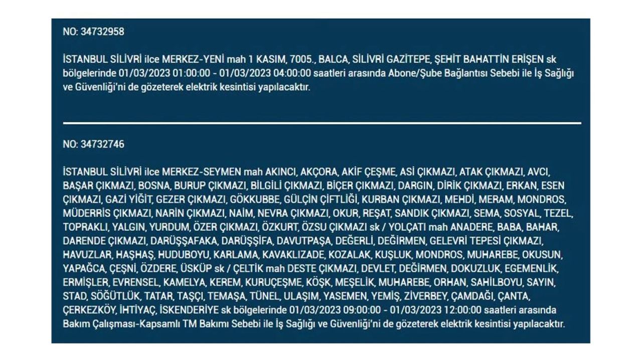 İstanbul'da elektrik kesintisi! Elektriğin kesileceği ilçeler belli oldu! 1 Mart elektrik kesintisi 31