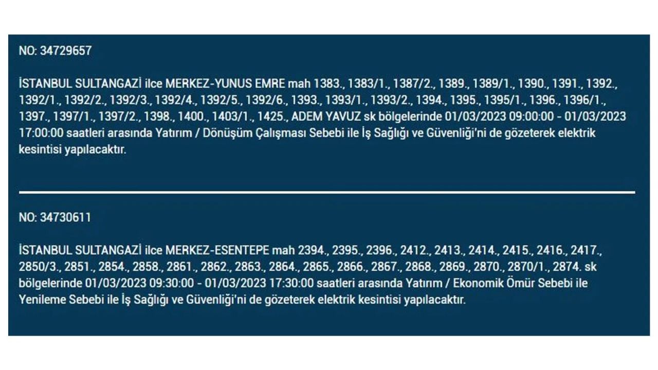 İstanbul'da elektrik kesintisi! Elektriğin kesileceği ilçeler belli oldu! 1 Mart elektrik kesintisi 39