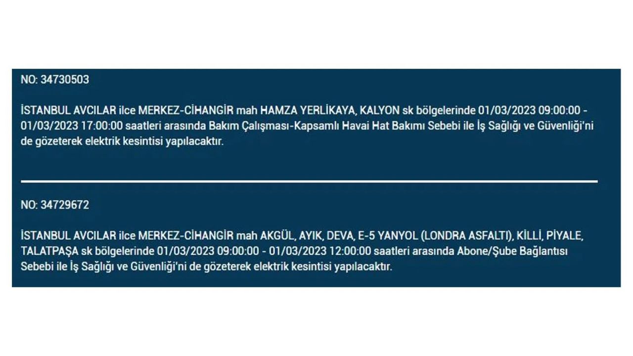 İstanbul'da elektrik kesintisi! Elektriğin kesileceği ilçeler belli oldu! 1 Mart elektrik kesintisi 4