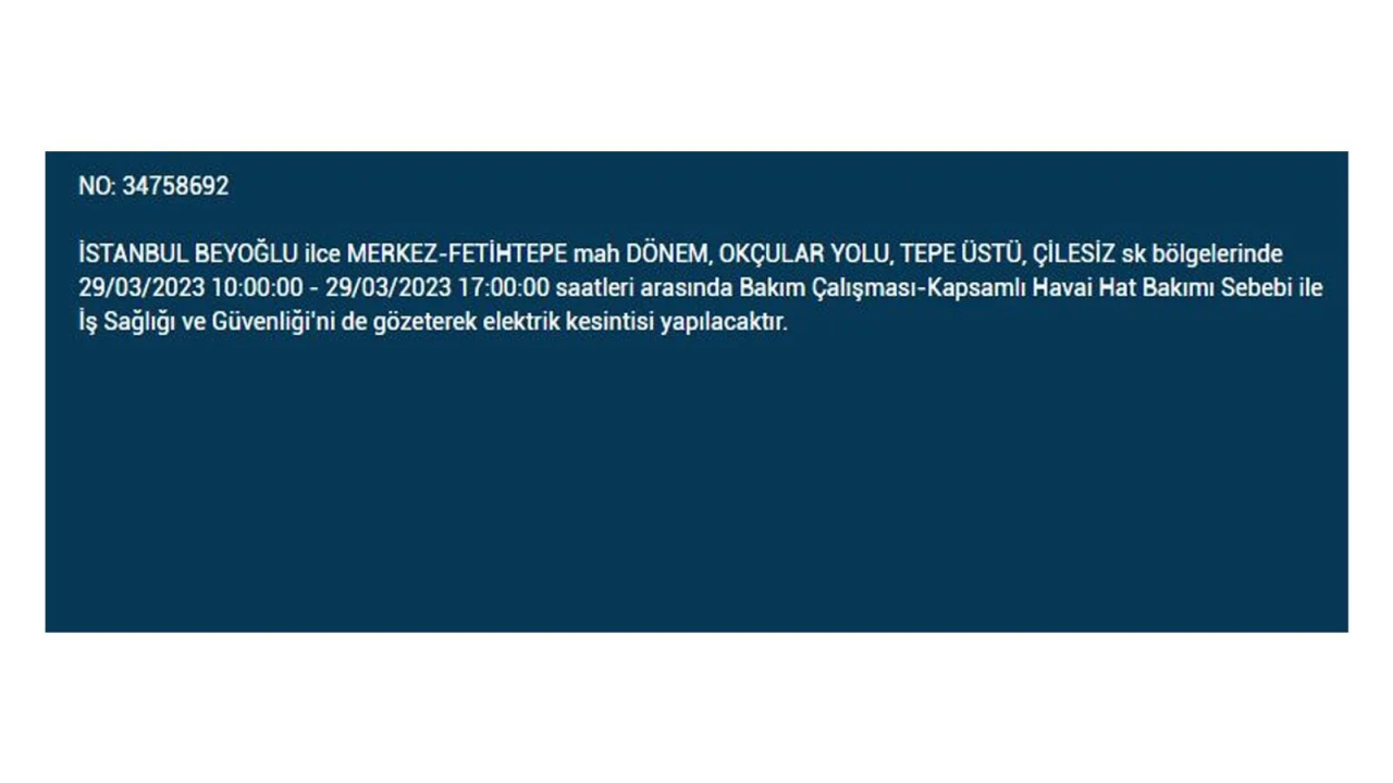 İstanbul'da elektriğin kesileceği ilçeler belli oldu! İşte 29 Mart'ta elektrik kesintisi yaşayacak ilçeler ve mahalleler... 13