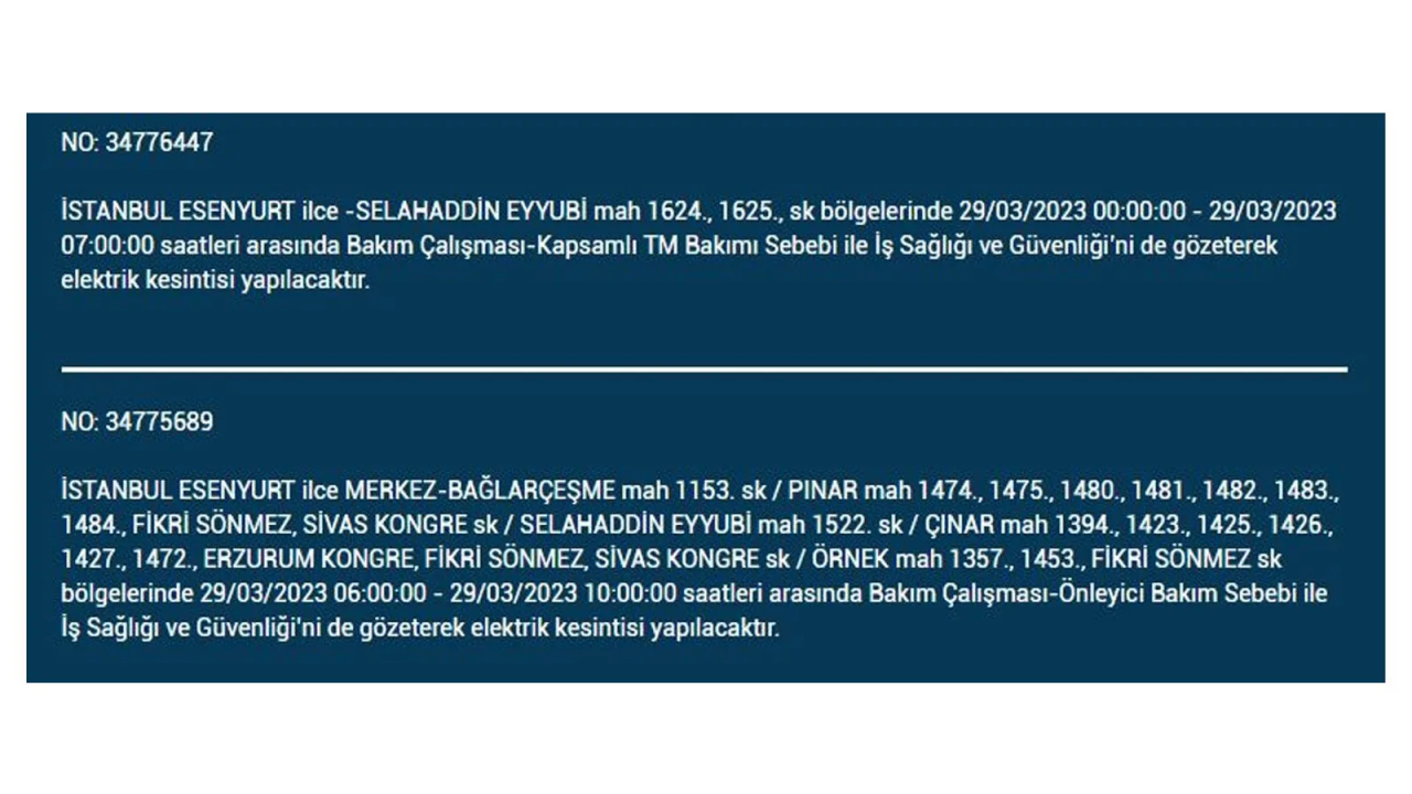 İstanbul'da elektriğin kesileceği ilçeler belli oldu! İşte 29 Mart'ta elektrik kesintisi yaşayacak ilçeler ve mahalleler... 18