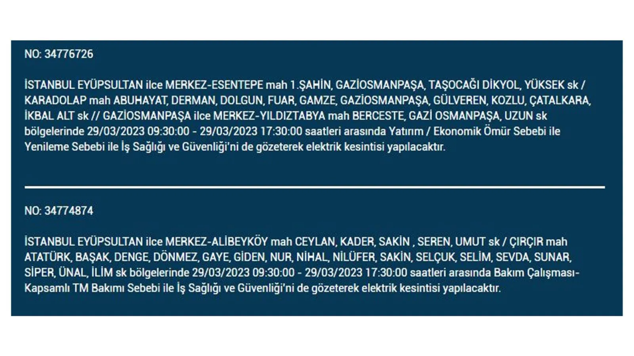 İstanbul'da elektriğin kesileceği ilçeler belli oldu! İşte 29 Mart'ta elektrik kesintisi yaşayacak ilçeler ve mahalleler... 20