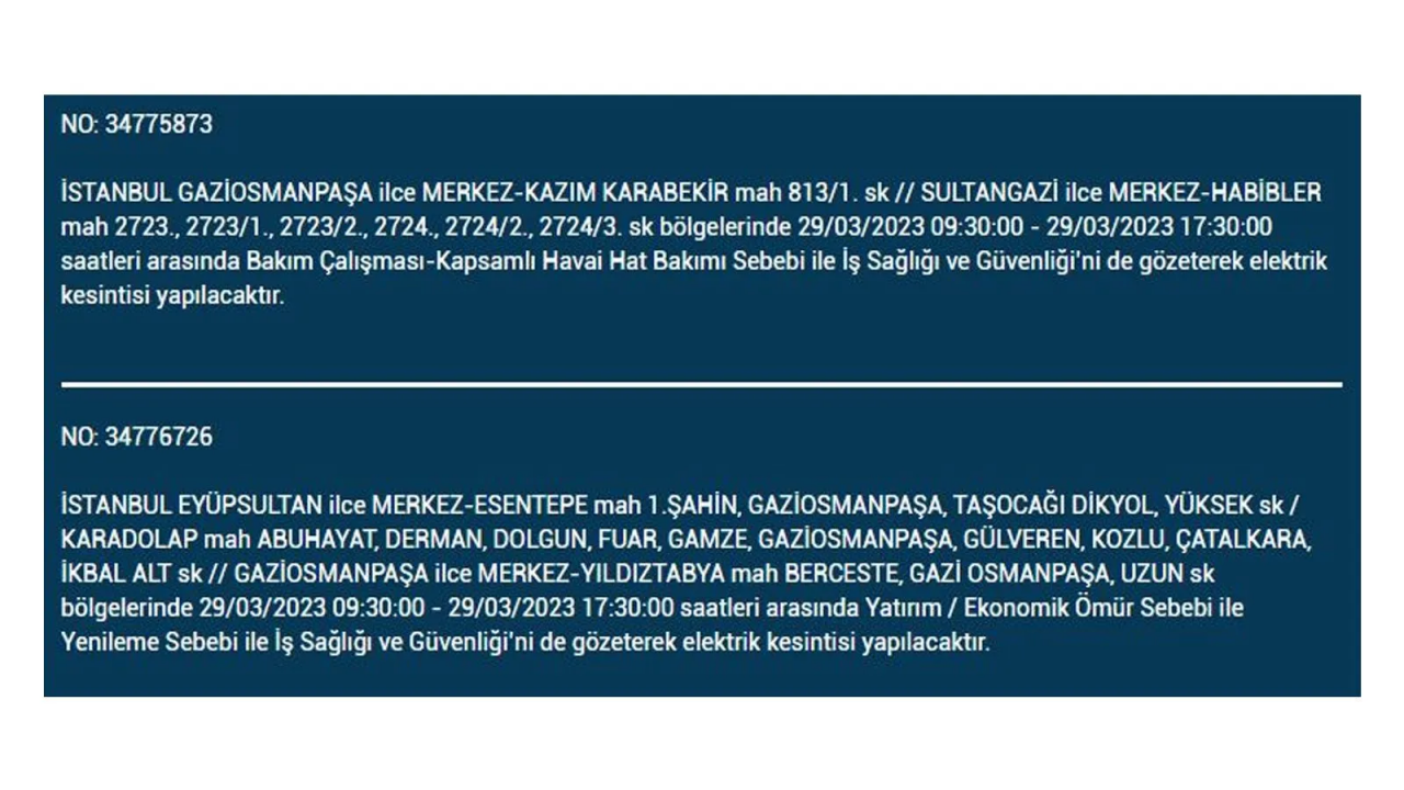 İstanbul'da elektriğin kesileceği ilçeler belli oldu! İşte 29 Mart'ta elektrik kesintisi yaşayacak ilçeler ve mahalleler... 22
