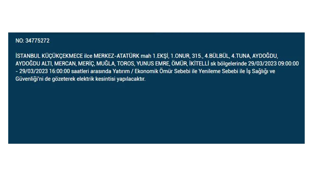 İstanbul'da elektriğin kesileceği ilçeler belli oldu! İşte 29 Mart'ta elektrik kesintisi yaşayacak ilçeler ve mahalleler... 26