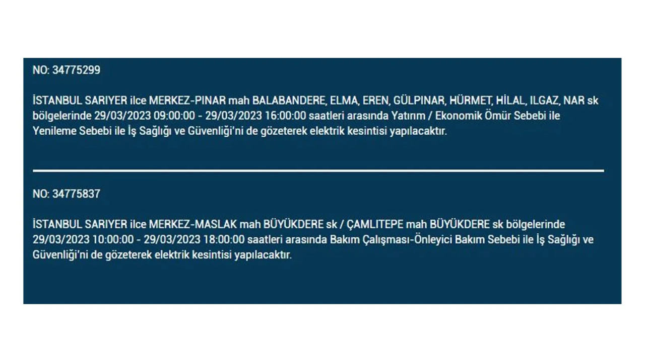İstanbul'da elektriğin kesileceği ilçeler belli oldu! İşte 29 Mart'ta elektrik kesintisi yaşayacak ilçeler ve mahalleler... 29