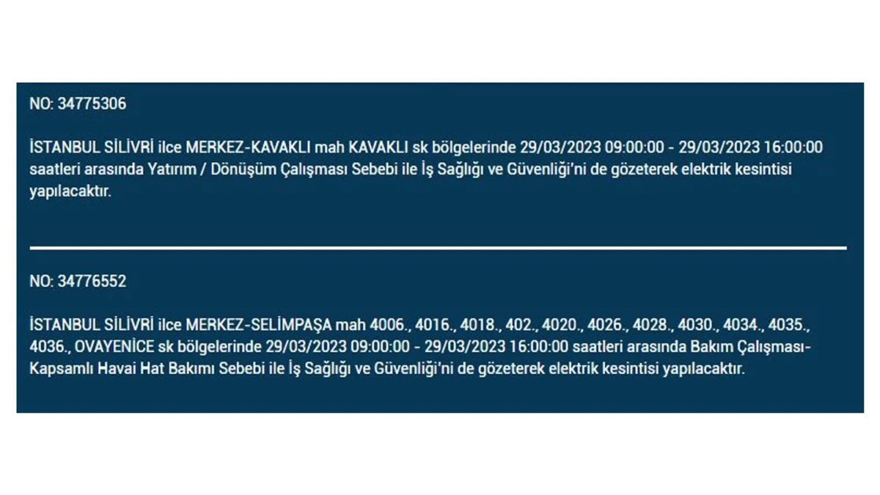 İstanbul'da elektriğin kesileceği ilçeler belli oldu! İşte 29 Mart'ta elektrik kesintisi yaşayacak ilçeler ve mahalleler... 30