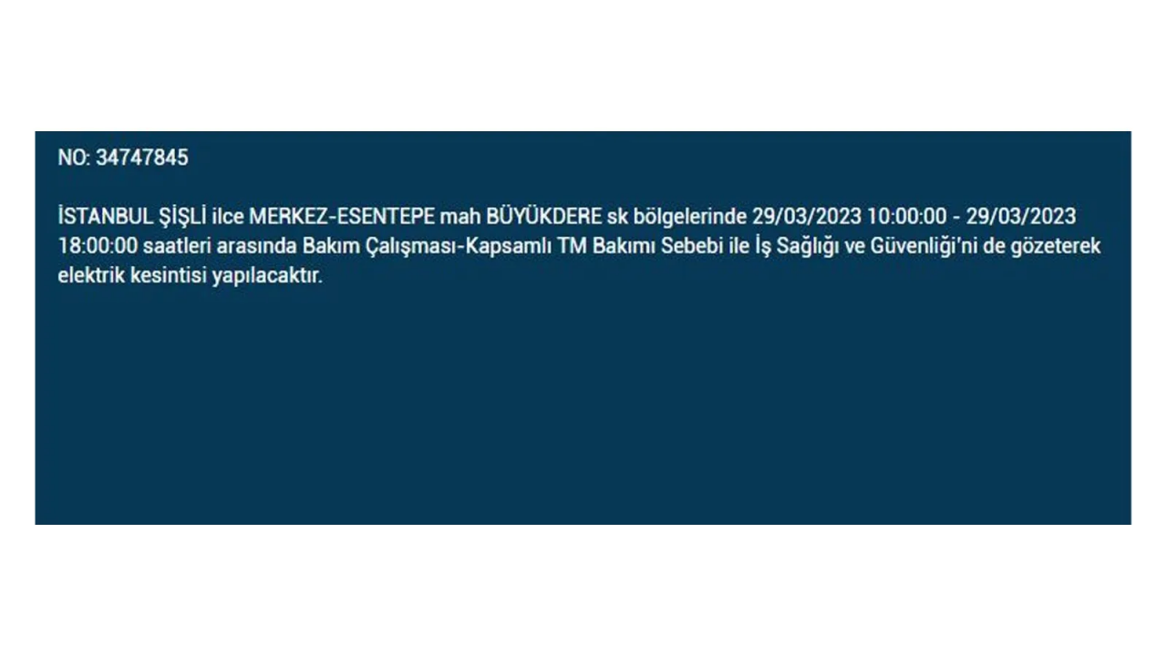İstanbul'da elektriğin kesileceği ilçeler belli oldu! İşte 29 Mart'ta elektrik kesintisi yaşayacak ilçeler ve mahalleler... 33