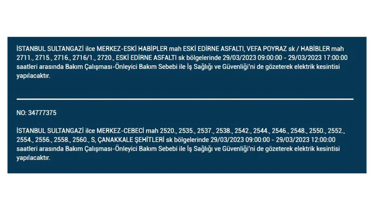 İstanbul'da elektriğin kesileceği ilçeler belli oldu! İşte 29 Mart'ta elektrik kesintisi yaşayacak ilçeler ve mahalleler... 34