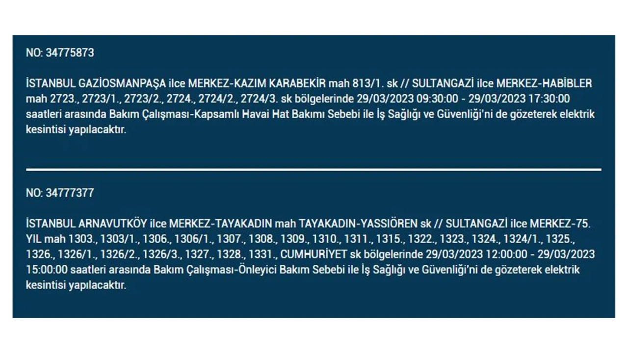 İstanbul'da elektriğin kesileceği ilçeler belli oldu! İşte 29 Mart'ta elektrik kesintisi yaşayacak ilçeler ve mahalleler... 35