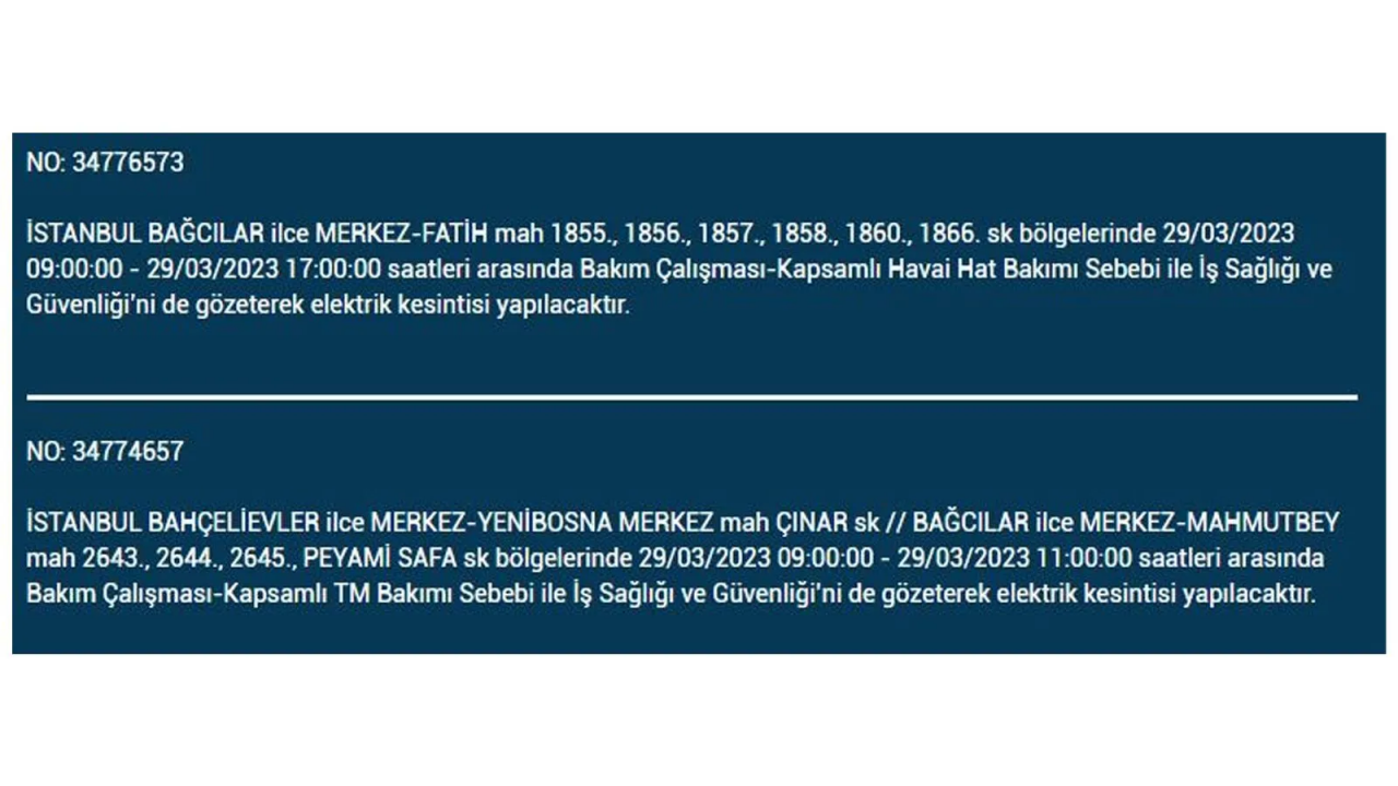İstanbul'da elektriğin kesileceği ilçeler belli oldu! İşte 29 Mart'ta elektrik kesintisi yaşayacak ilçeler ve mahalleler... 6