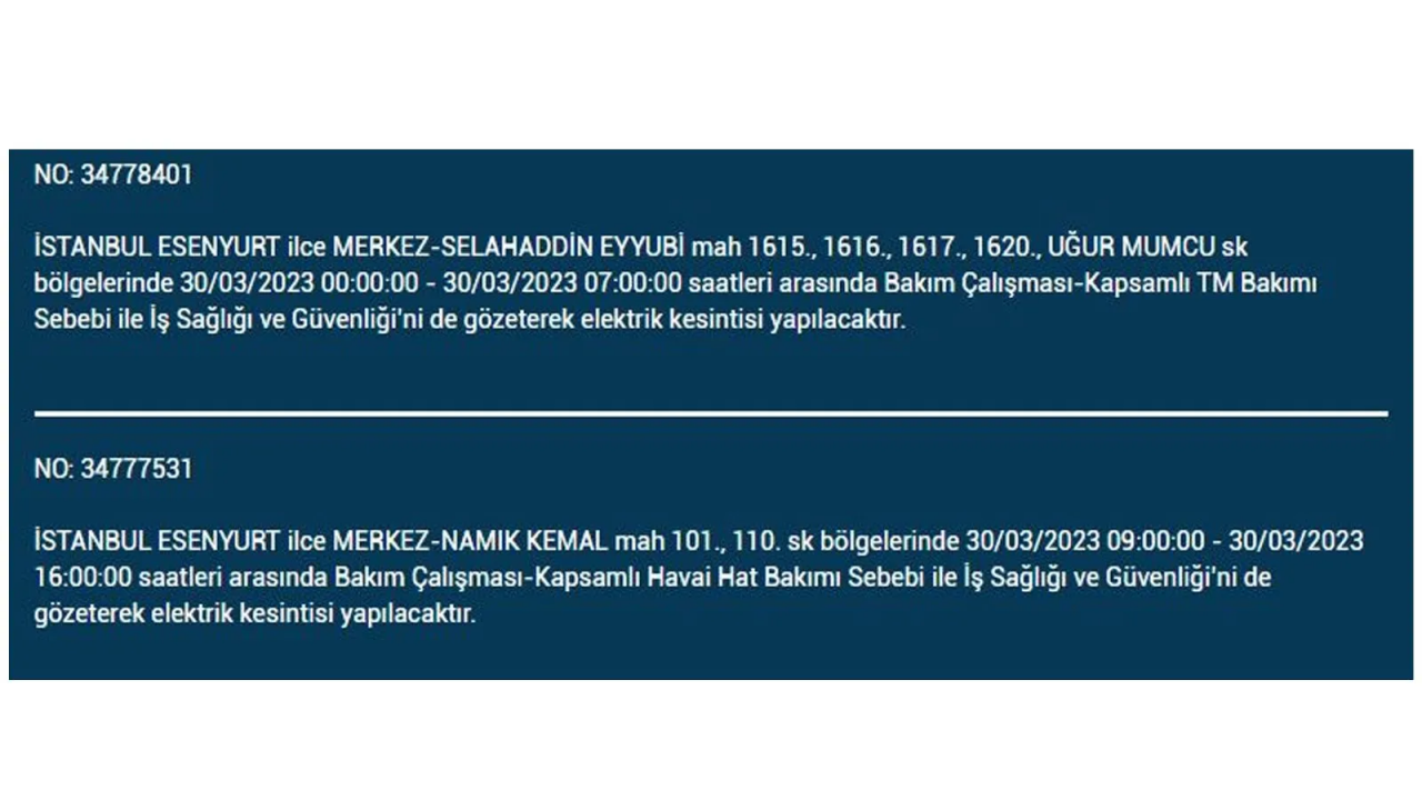 İstanbul'da elektriğin kesileceği ilçeler belli oldu! İşte 30 Mart'ta elektrik kesintisi yaşayacak ilçeler ve mahalleler... 20