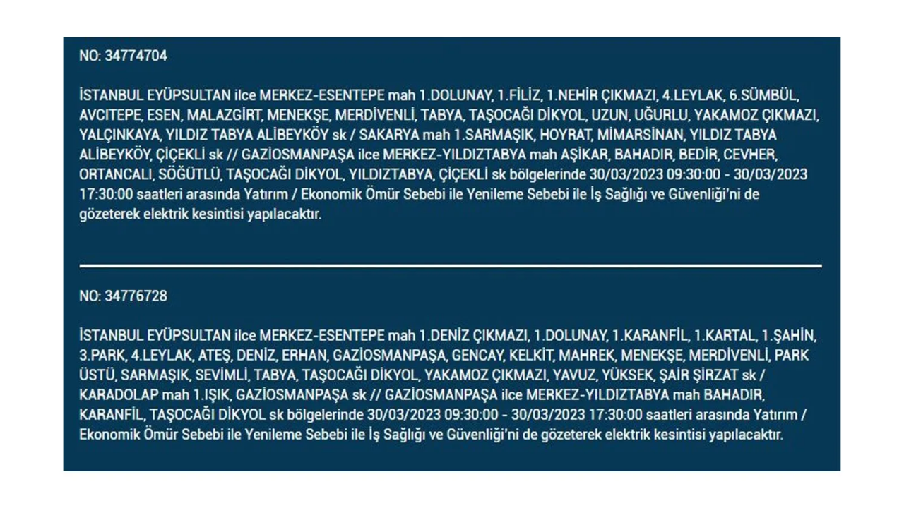 İstanbul'da elektriğin kesileceği ilçeler belli oldu! İşte 30 Mart'ta elektrik kesintisi yaşayacak ilçeler ve mahalleler... 22