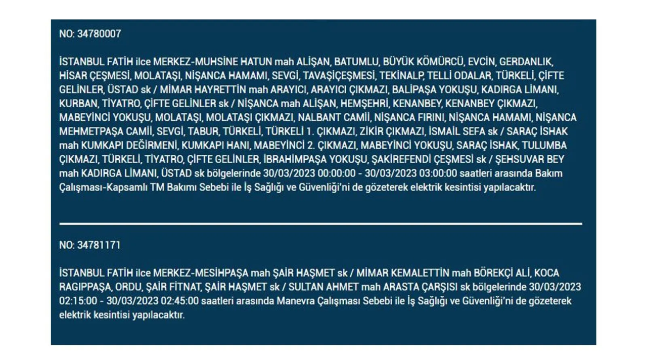 İstanbul'da elektriğin kesileceği ilçeler belli oldu! İşte 30 Mart'ta elektrik kesintisi yaşayacak ilçeler ve mahalleler... 24