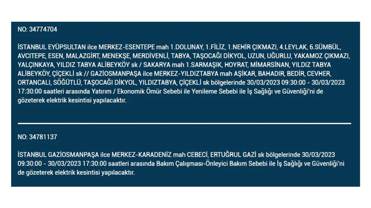 İstanbul'da elektriğin kesileceği ilçeler belli oldu! İşte 30 Mart'ta elektrik kesintisi yaşayacak ilçeler ve mahalleler... 25