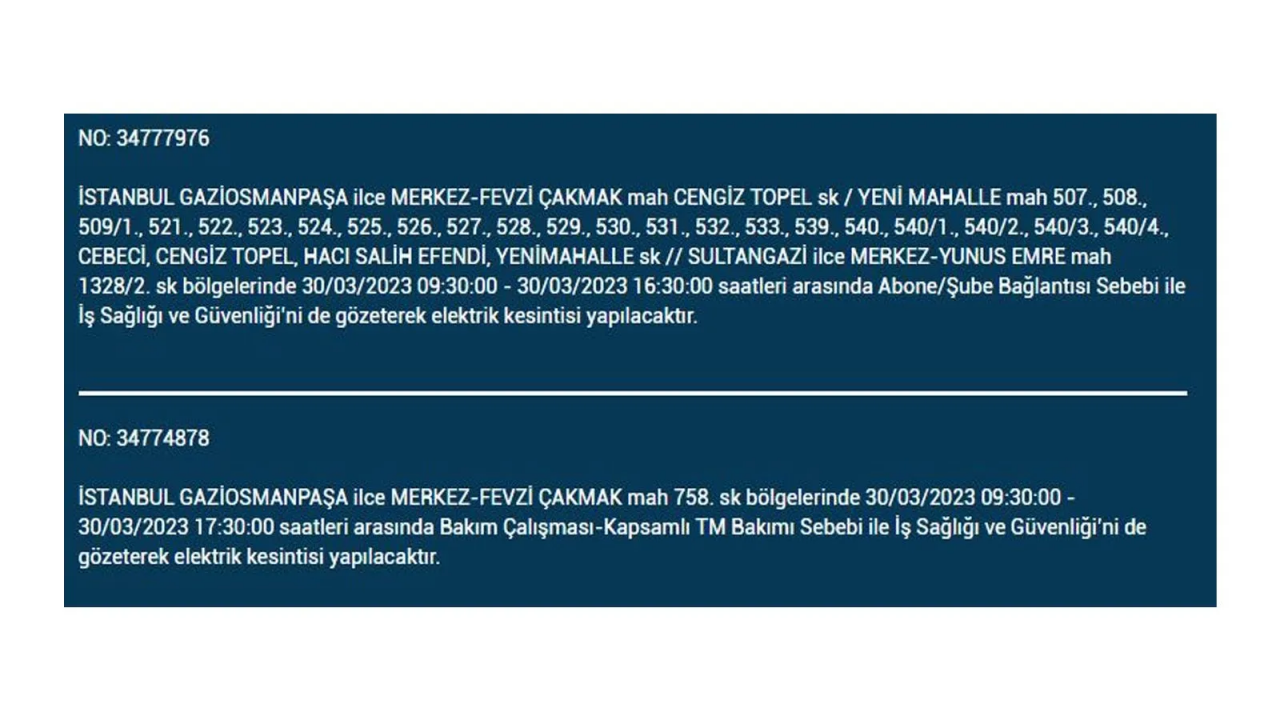 İstanbul'da elektriğin kesileceği ilçeler belli oldu! İşte 30 Mart'ta elektrik kesintisi yaşayacak ilçeler ve mahalleler... 26