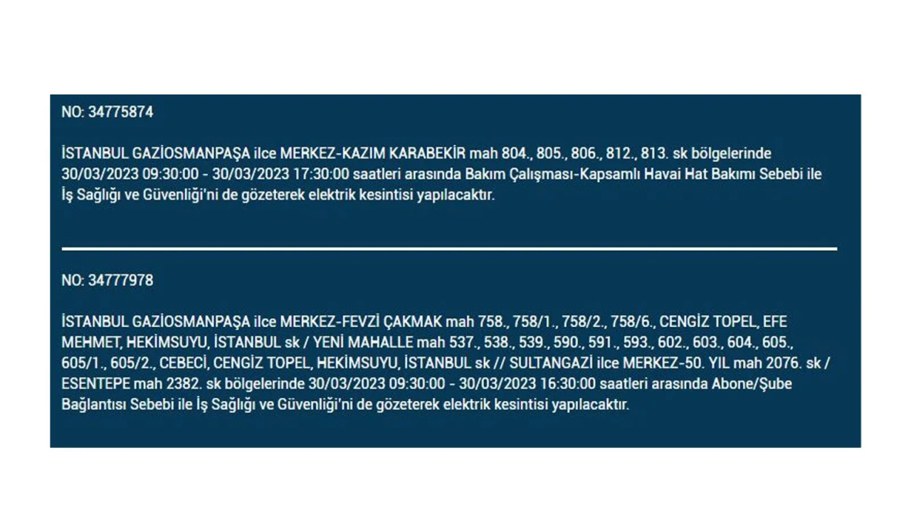 İstanbul'da elektriğin kesileceği ilçeler belli oldu! İşte 30 Mart'ta elektrik kesintisi yaşayacak ilçeler ve mahalleler... 27