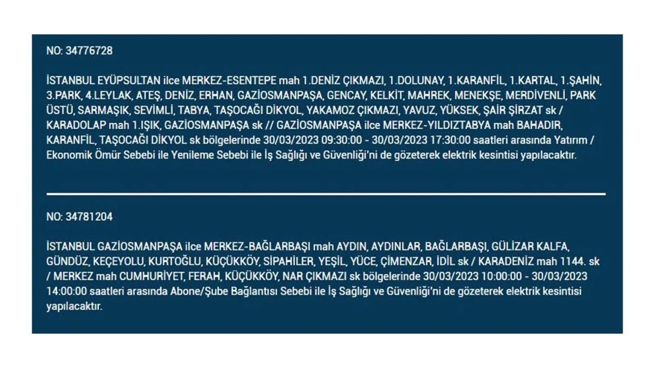 İstanbul'da elektriğin kesileceği ilçeler belli oldu! İşte 30 Mart'ta elektrik kesintisi yaşayacak ilçeler ve mahalleler... 28