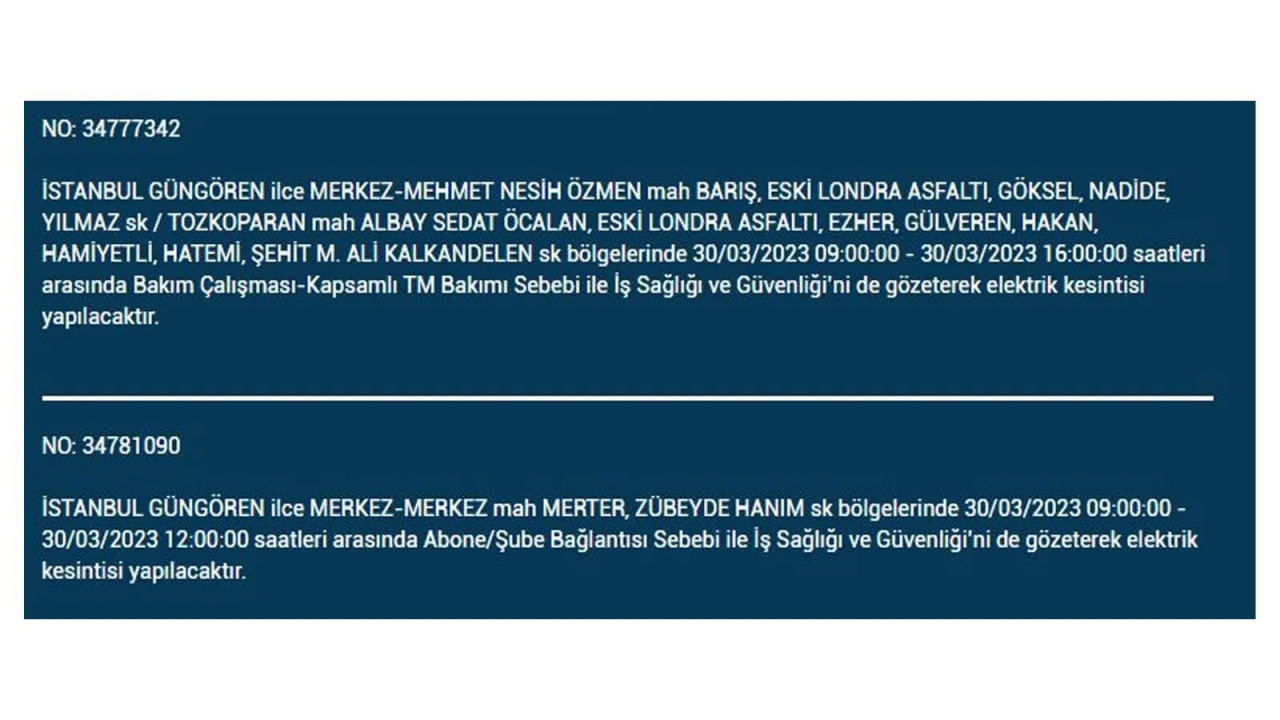 İstanbul'da elektriğin kesileceği ilçeler belli oldu! İşte 30 Mart'ta elektrik kesintisi yaşayacak ilçeler ve mahalleler... 29