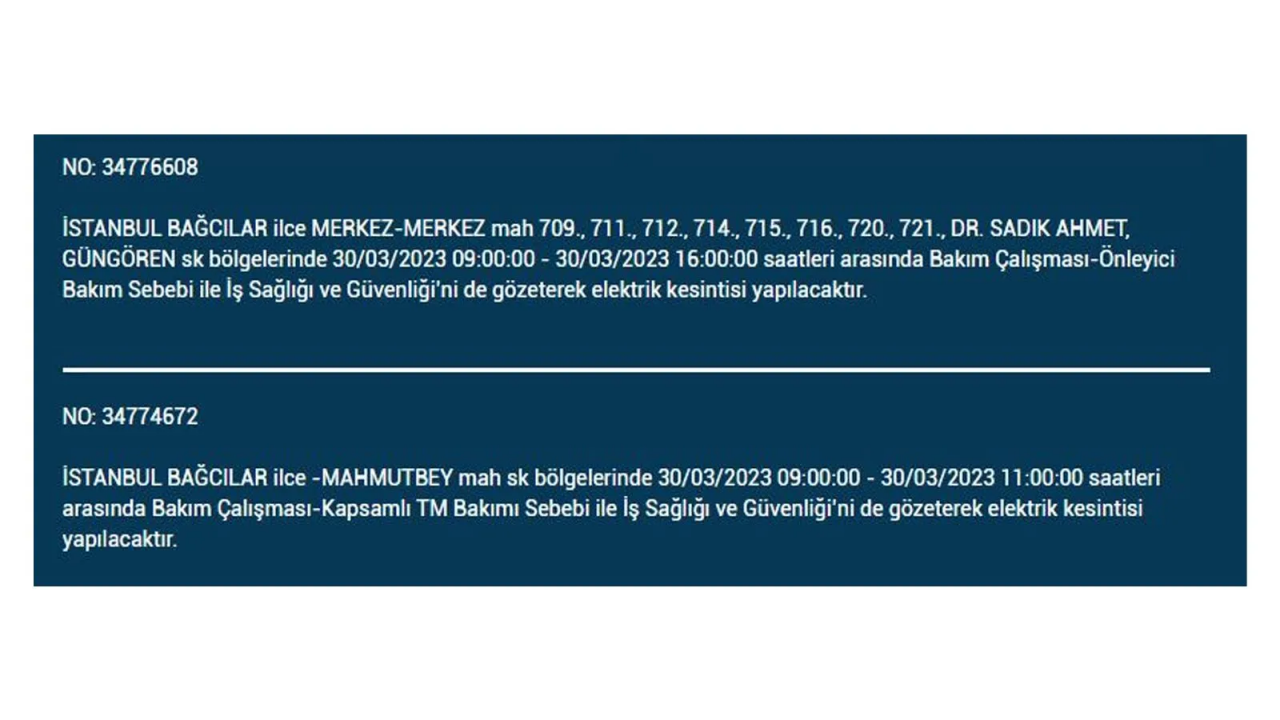 İstanbul'da elektriğin kesileceği ilçeler belli oldu! İşte 30 Mart'ta elektrik kesintisi yaşayacak ilçeler ve mahalleler... 3