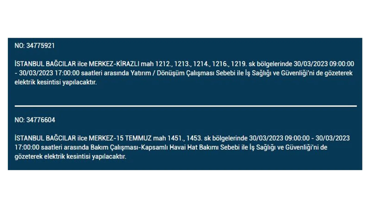 İstanbul'da elektriğin kesileceği ilçeler belli oldu! İşte 30 Mart'ta elektrik kesintisi yaşayacak ilçeler ve mahalleler... 5