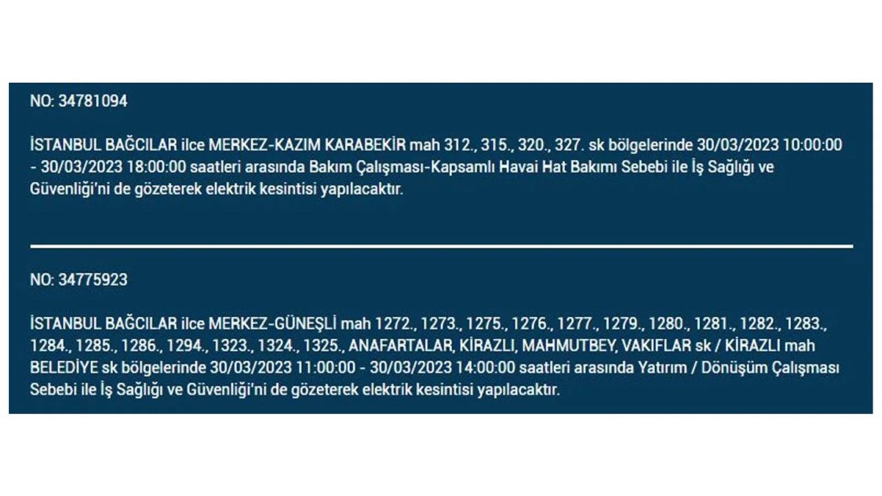 İstanbul'da elektriğin kesileceği ilçeler belli oldu! İşte 30 Mart'ta elektrik kesintisi yaşayacak ilçeler ve mahalleler... 6