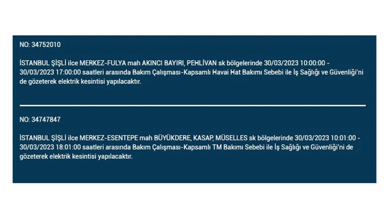 İstanbul'da elektriğin kesileceği ilçeler belli oldu! İşte 30 Mart'ta elektrik kesintisi yaşayacak ilçeler ve mahalleler... 37