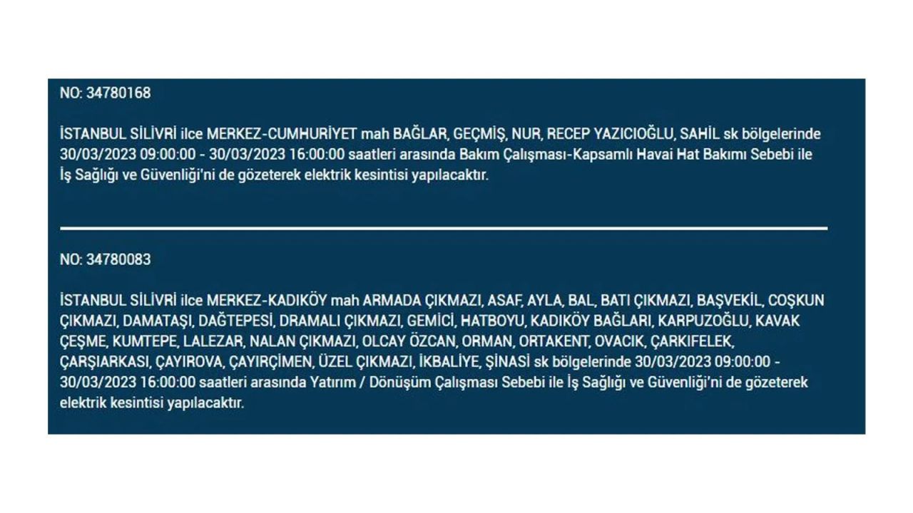 İstanbul'da elektriğin kesileceği ilçeler belli oldu! İşte 30 Mart'ta elektrik kesintisi yaşayacak ilçeler ve mahalleler... 35
