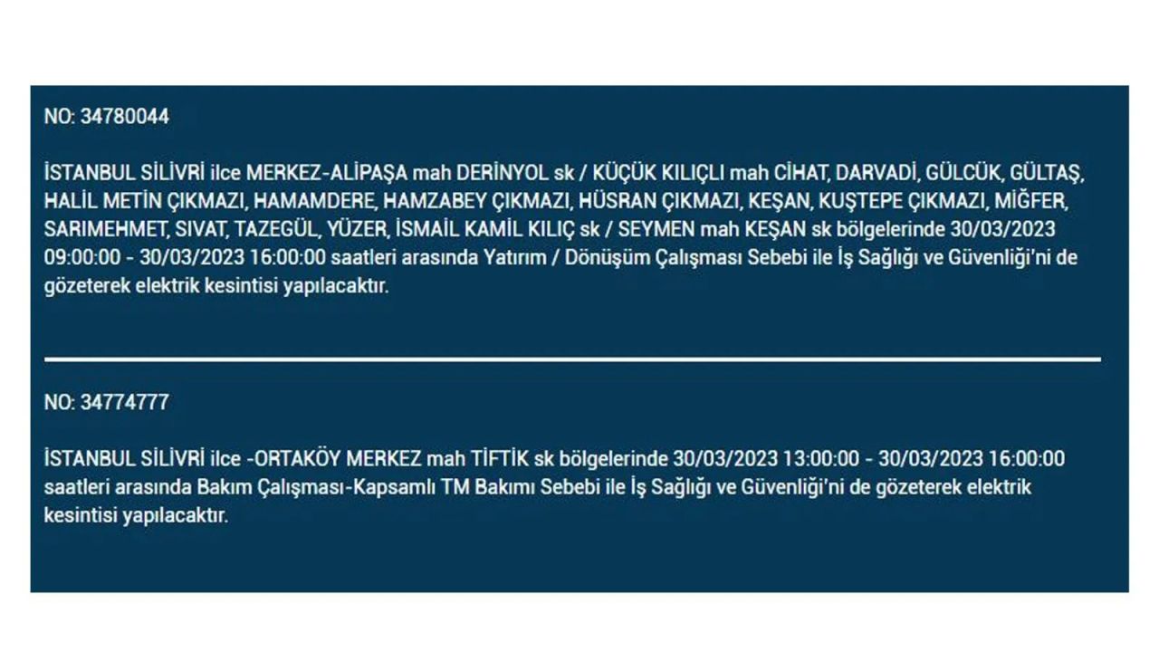 İstanbul'da elektriğin kesileceği ilçeler belli oldu! İşte 30 Mart'ta elektrik kesintisi yaşayacak ilçeler ve mahalleler... 36