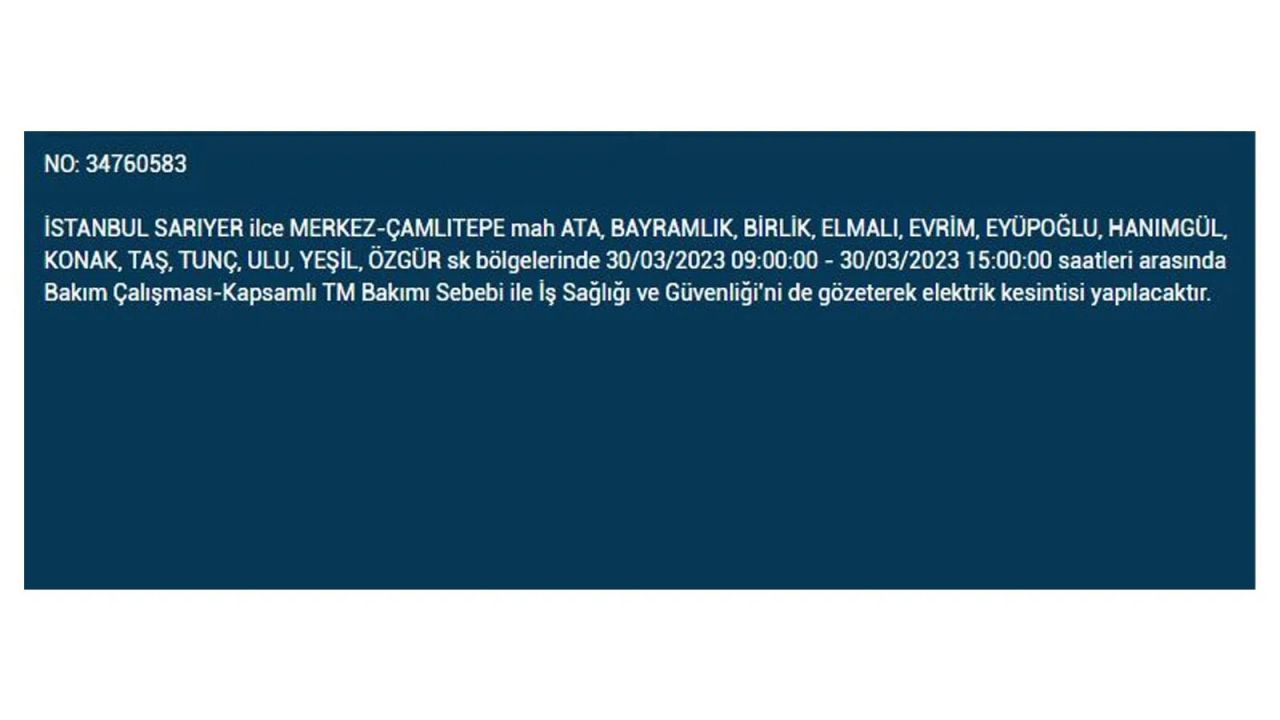 İstanbul'da elektriğin kesileceği ilçeler belli oldu! İşte 30 Mart'ta elektrik kesintisi yaşayacak ilçeler ve mahalleler... 33